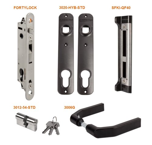 LOCINOX® sada FORTYSET na zamykání křídlové branky (štítek, doraz, cylindrická vložka, klika), pro profil 40x40mm